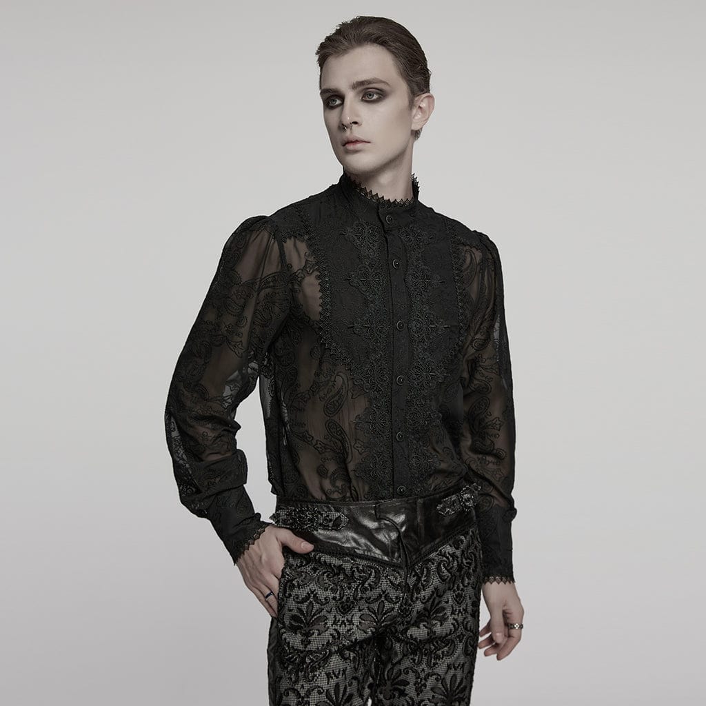 PUNK RAVE Men's Gothic Stand Collar Embroidered Sheer Chiffon Shirt Black
