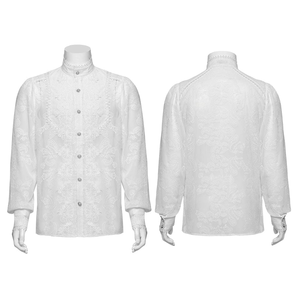 PUNK RAVE Men's Gothic Stand Collar Embroidered Sheer Chiffon Shirt White
