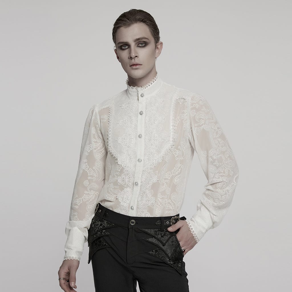 PUNK RAVE Men's Gothic Stand Collar Embroidered Sheer Chiffon Shirt White