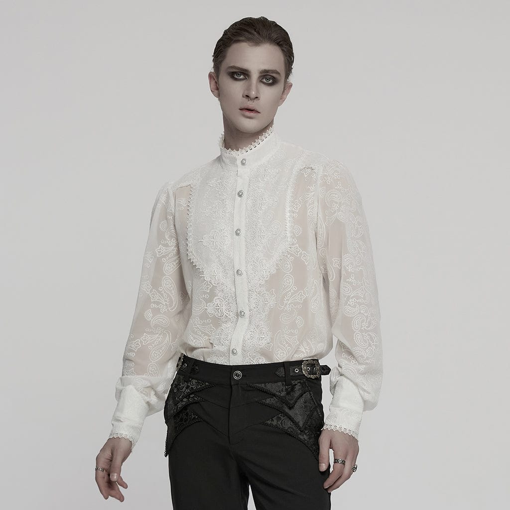 PUNK RAVE Men's Gothic Stand Collar Embroidered Sheer Chiffon Shirt White