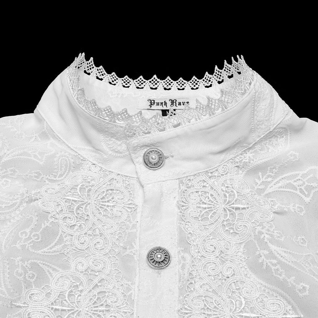 PUNK RAVE Men's Gothic Stand Collar Embroidered Sheer Chiffon Shirt White