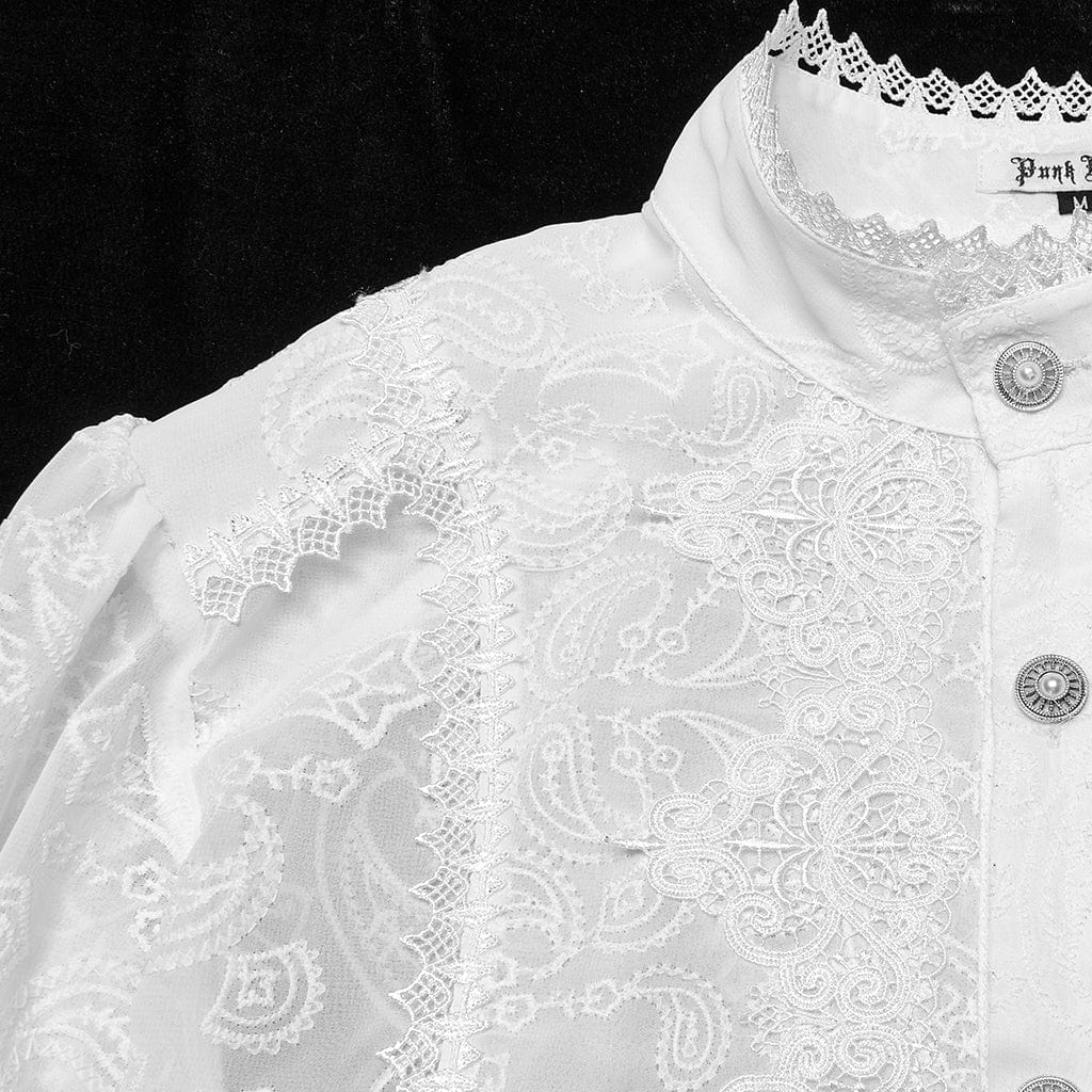 PUNK RAVE Men's Gothic Stand Collar Embroidered Sheer Chiffon Shirt White