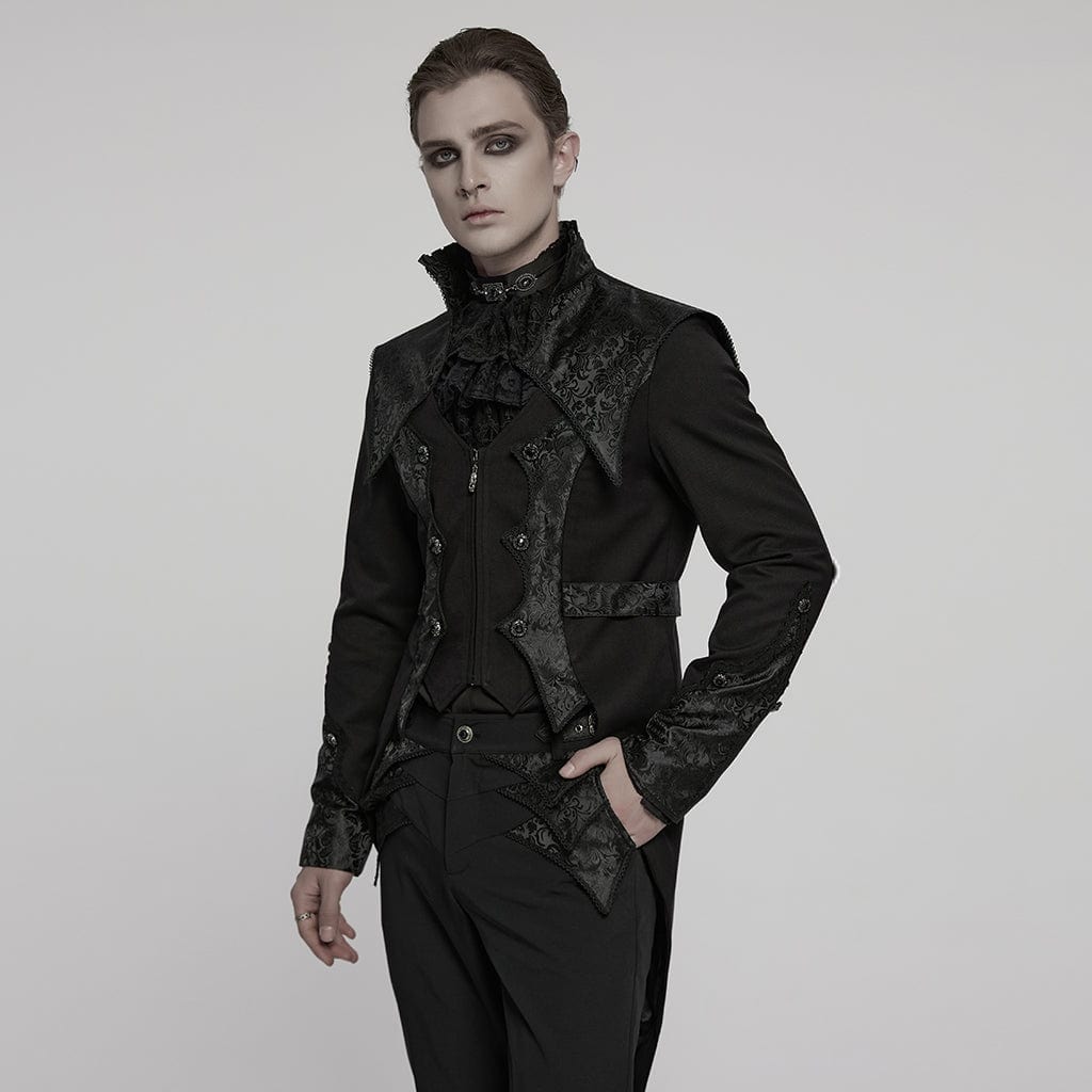 PUNK RAVE Men's Gothic Stand Collar Jacquard Splice Swallow-tailed Coat