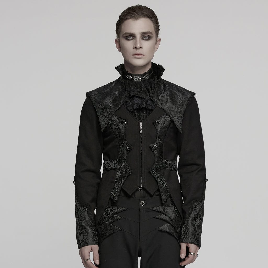 PUNK RAVE Men's Gothic Stand Collar Jacquard Splice Swallow-tailed Coat