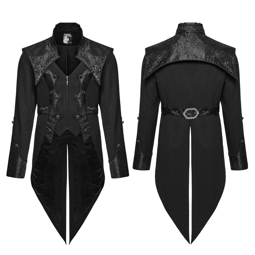 PUNK RAVE Men's Gothic Stand Collar Jacquard Splice Swallow-tailed Coat