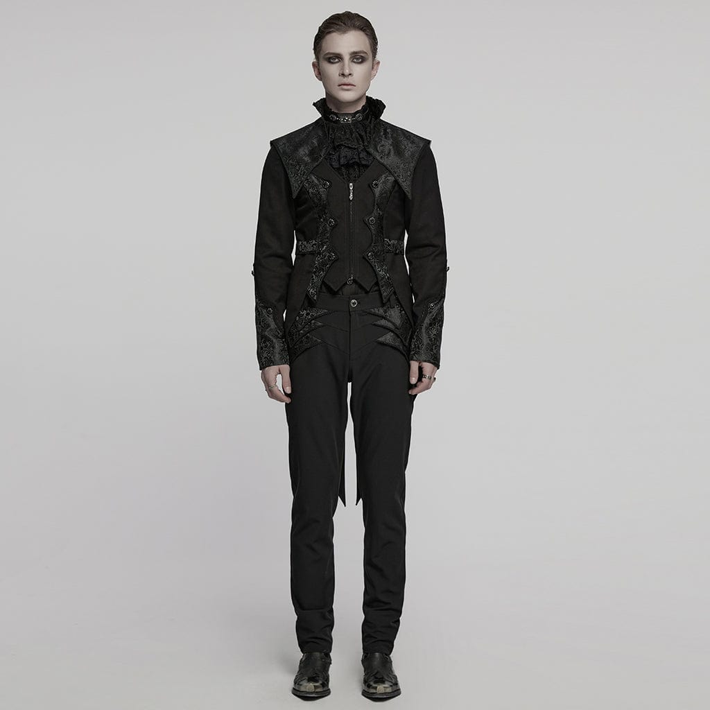 PUNK RAVE Men's Gothic Stand Collar Jacquard Splice Swallow-tailed Coat