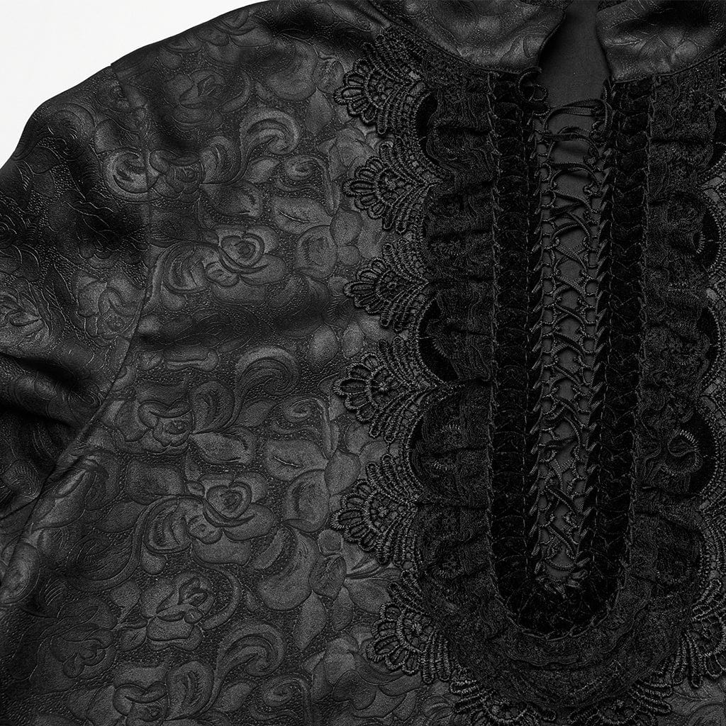 PUNK RAVE Men's Gothic Stand Collar Plunging Rose Shirt Black