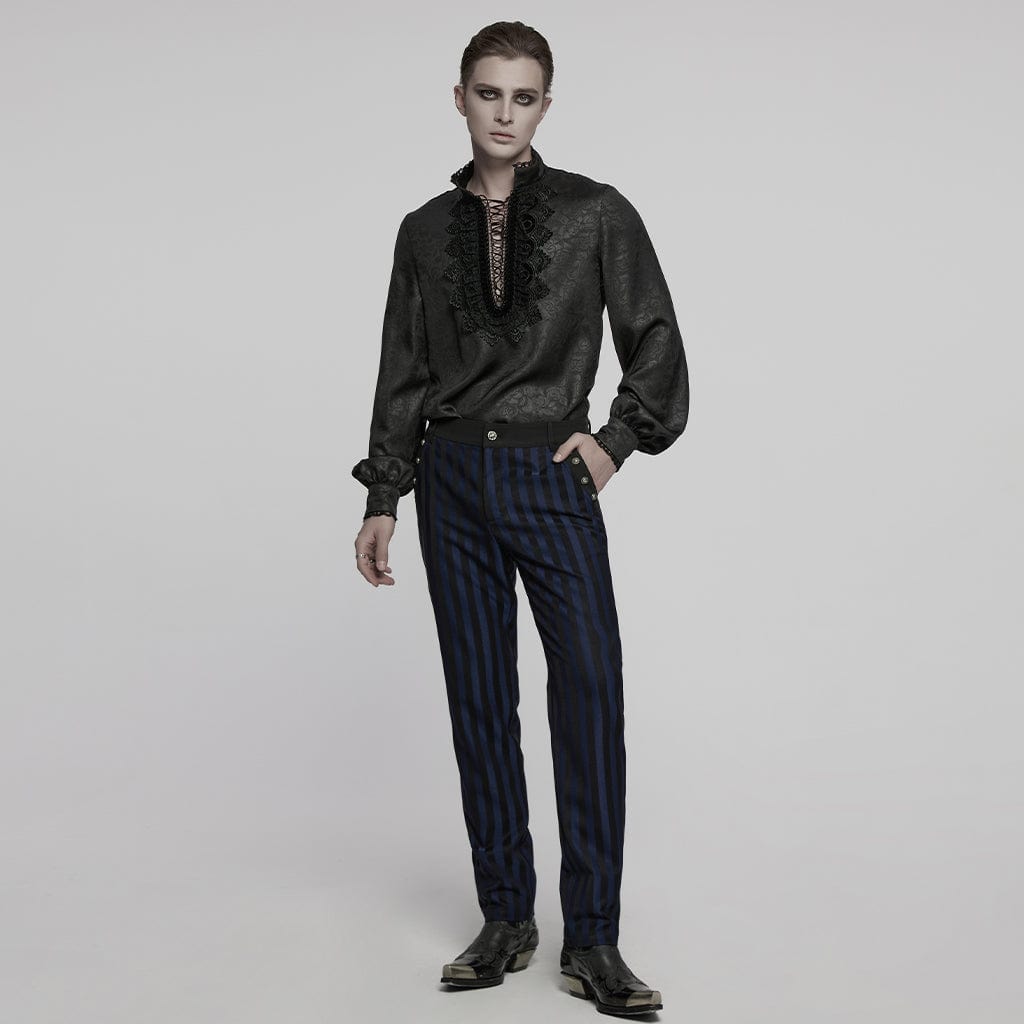 PUNK RAVE Men's Gothic Stand Collar Plunging Rose Shirt Black