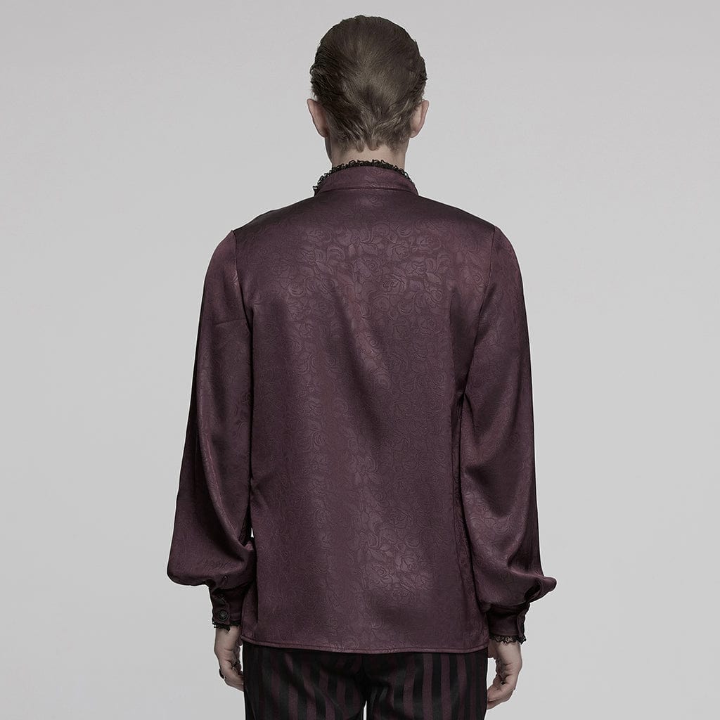 PUNK RAVE Men's Gothic Stand Collar Plunging Rose Shirt Red