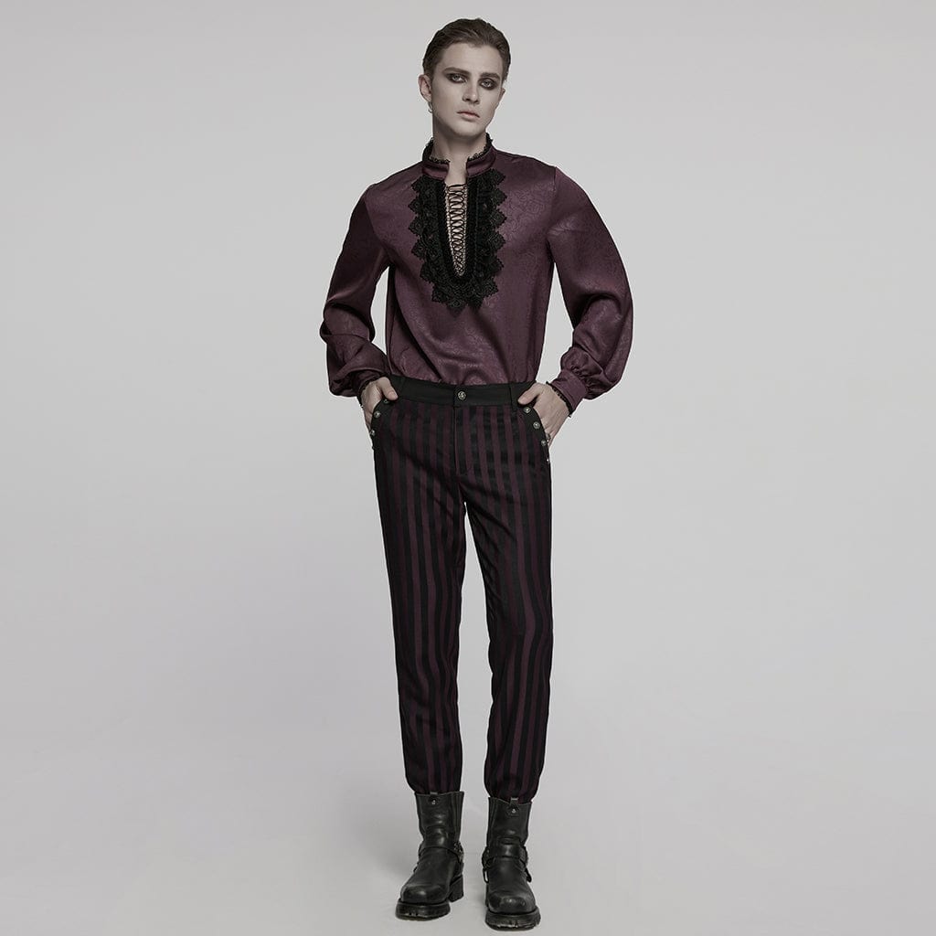 PUNK RAVE Men's Gothic Stand Collar Plunging Rose Shirt Red