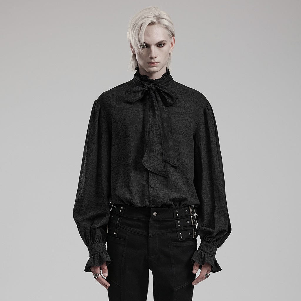 PUNK RAVE Men's Gothic Stand Collar Puff Sleeved Jacquard Shirt with Necktie