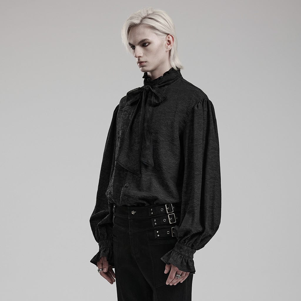 PUNK RAVE Men's Gothic Stand Collar Puff Sleeved Jacquard Shirt with Necktie
