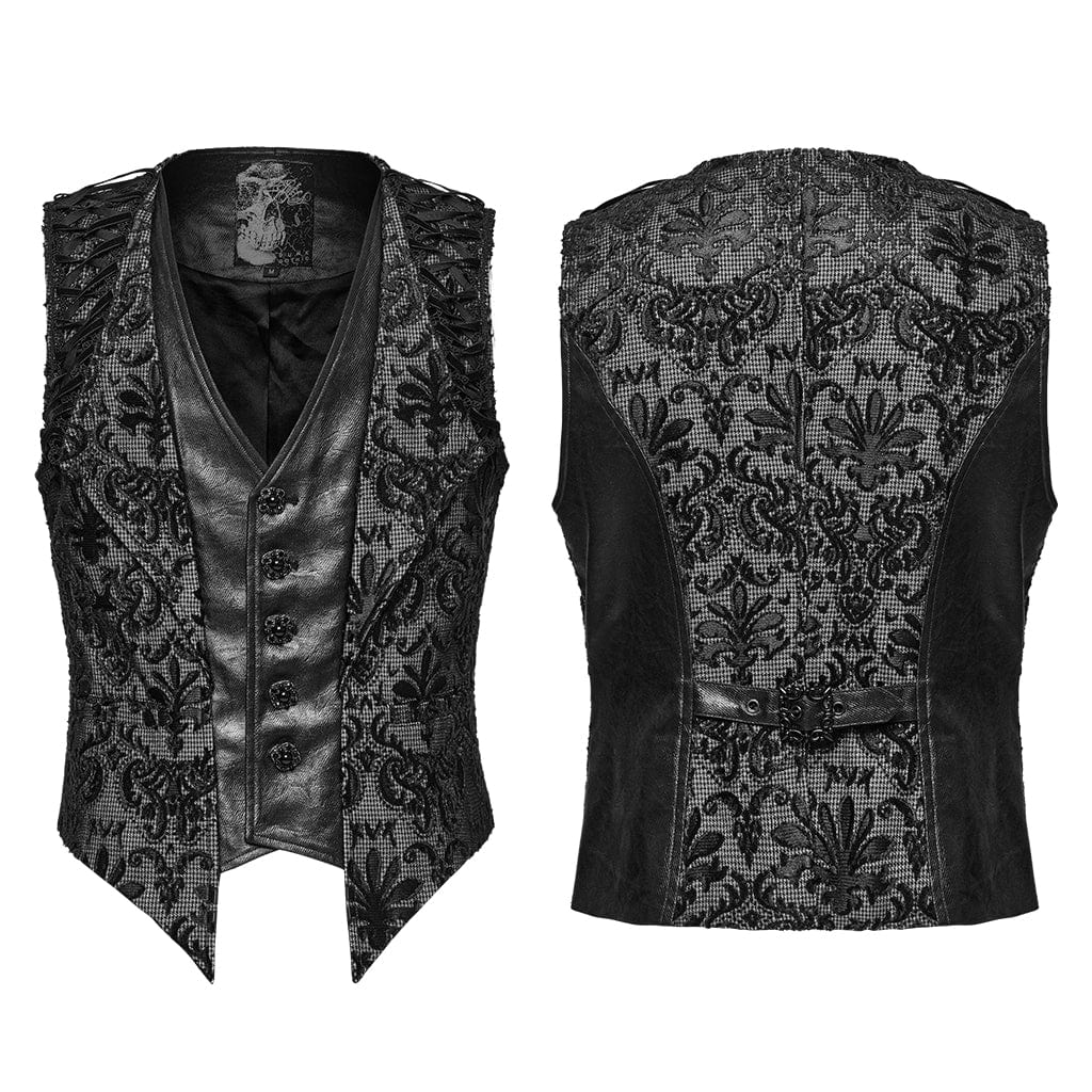 PUNK RAVE Men's Gothic Strappy Floral Embroidered Waistcoat