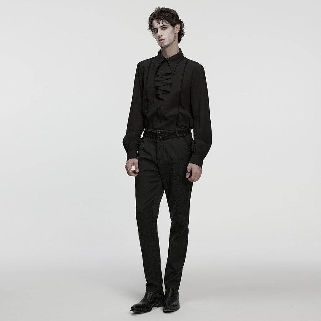 PUNK RAVE Men's Gothic Turn-down Collar Puff Sleeved Shirt with Detachable Necktie Black