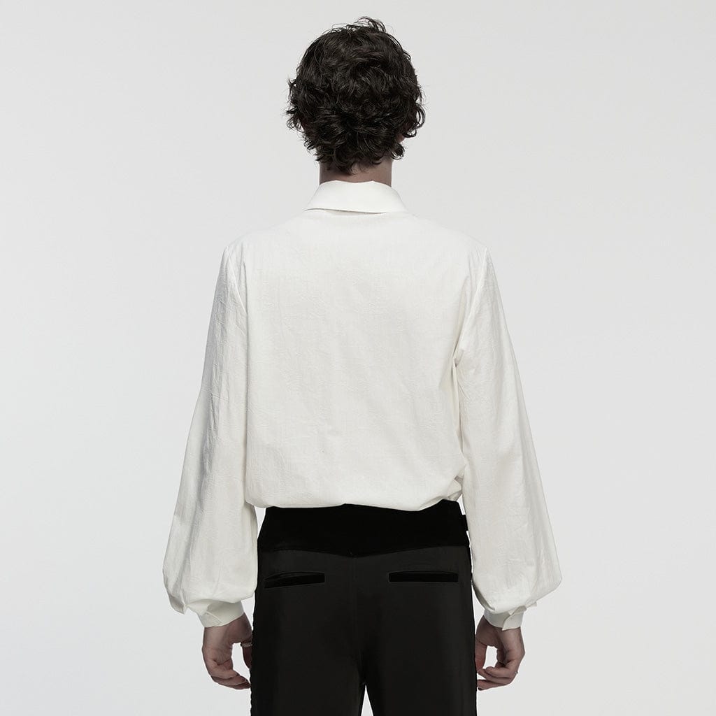 PUNK RAVE Men's Gothic Turn-down Collar Puff Sleeved Shirt with Detachable Necktie White