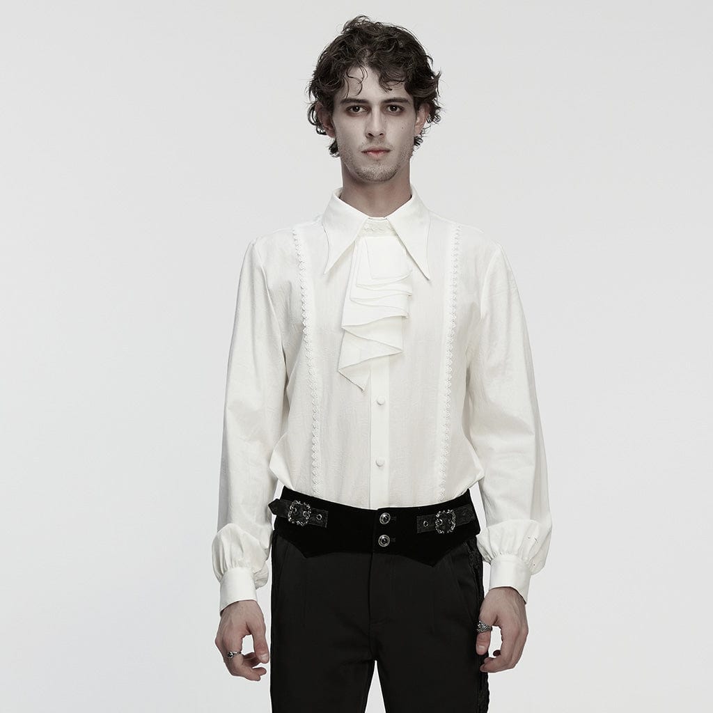 PUNK RAVE Men's Gothic Turn-down Collar Puff Sleeved Shirt with Detachable Necktie White