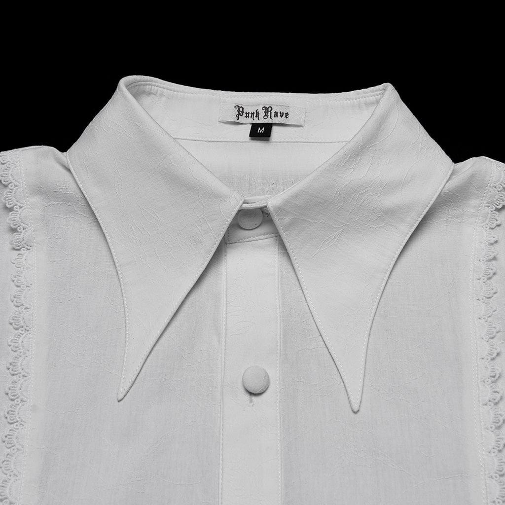 PUNK RAVE Men's Gothic Turn-down Collar Puff Sleeved Shirt with Detachable Necktie White