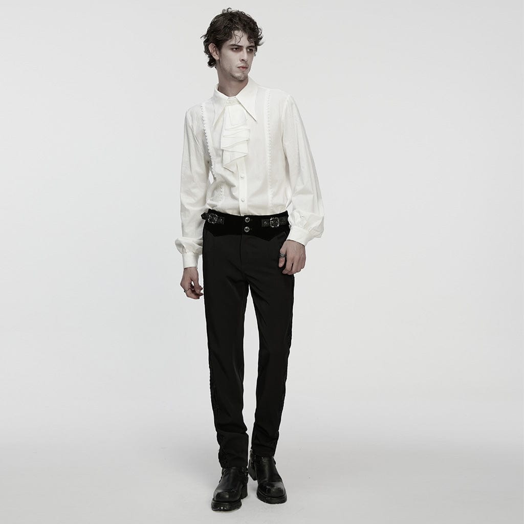 PUNK RAVE Men's Gothic Turn-down Collar Puff Sleeved Shirt with Detachable Necktie White