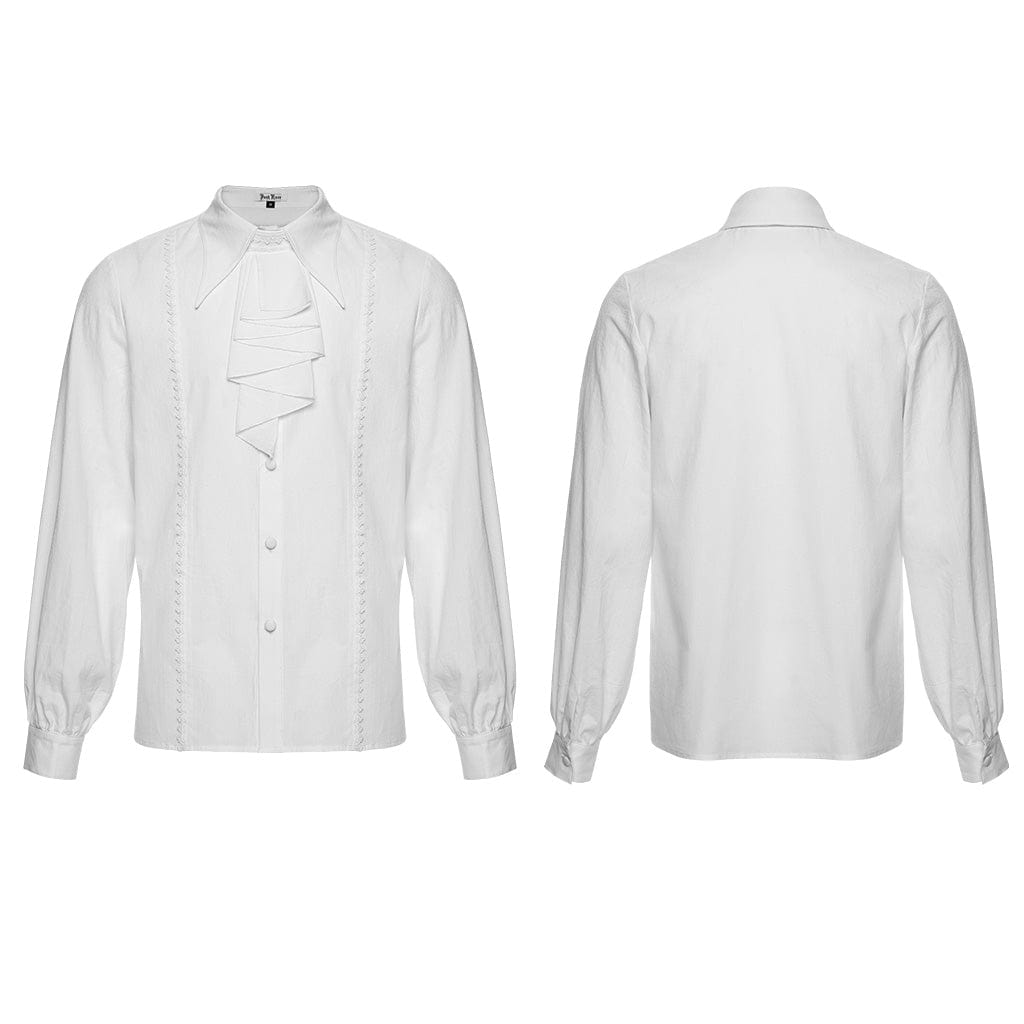 PUNK RAVE Men's Gothic Turn-down Collar Puff Sleeved Shirt with Detachable Necktie White