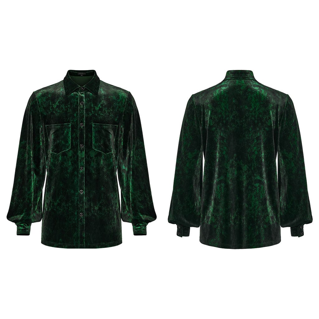 PUNK RAVE Men's Gothic Turn-down Collar Puff Sleeved Velvet Shirt Black-Green