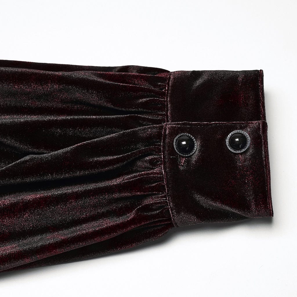 PUNK RAVE Men's Gothic Turn-down Collar Puff Sleeved Velvet Shirt Black-Red