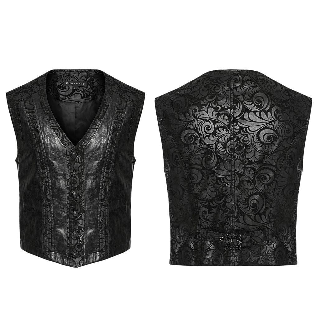 PUNK RAVE Men's Gothic V-neck Floral Printed Faux Leather Vest