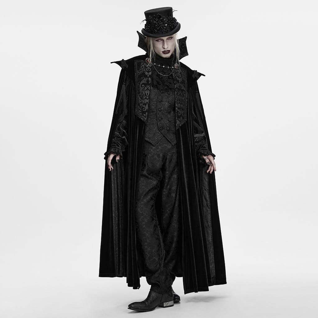 PUNK RAVE Men's Gothic Velvet Chain Stand Collar Long Cloak Black