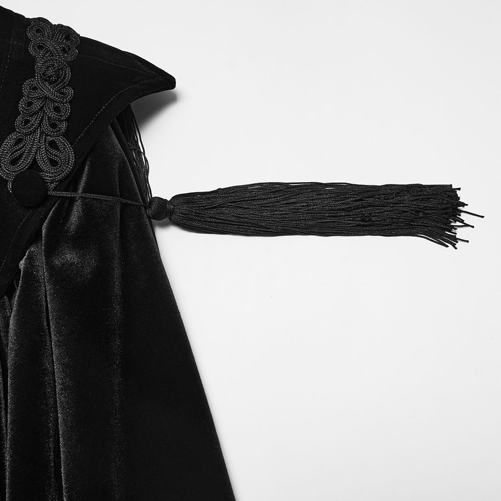 PUNK RAVE Men's Gothic Velvet Chain Stand Collar Long Cloak Black