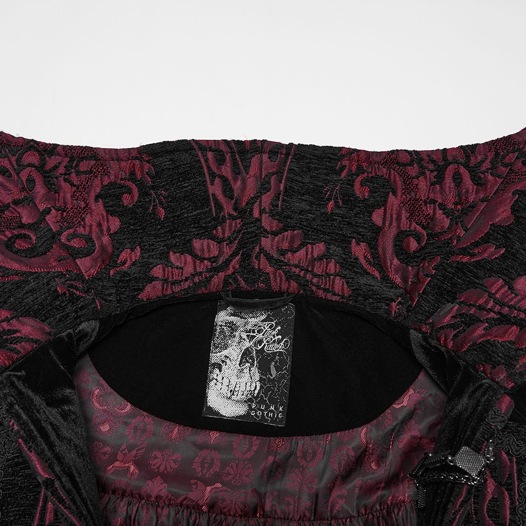 PUNK RAVE Men's Gothic Velvet Chain Stand Collar Long Cloak Black-Red