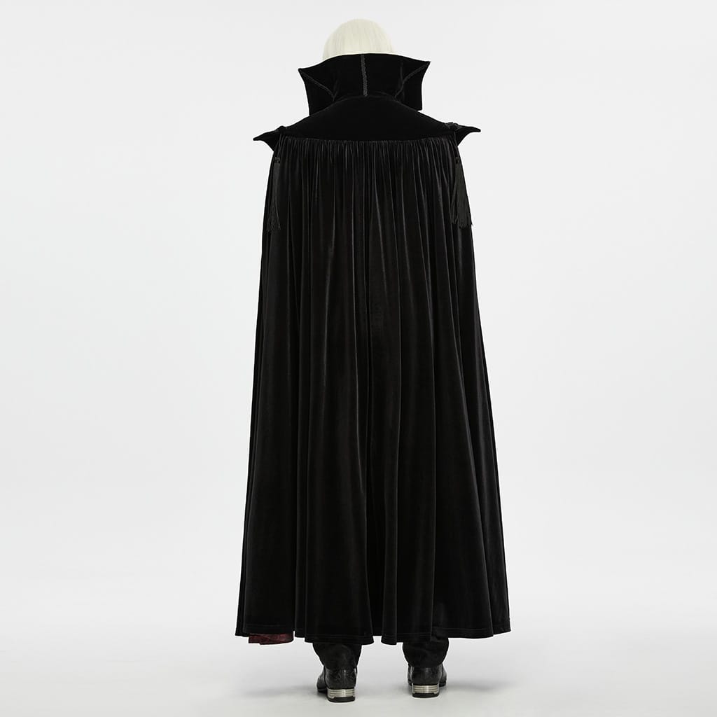 PUNK RAVE Men's Gothic Velvet Chain Stand Collar Long Cloak Black-Red