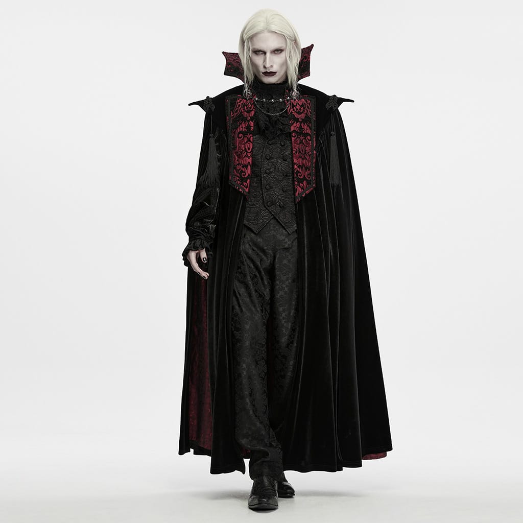 PUNK RAVE Men's Gothic Velvet Chain Stand Collar Long Cloak Black-Red
