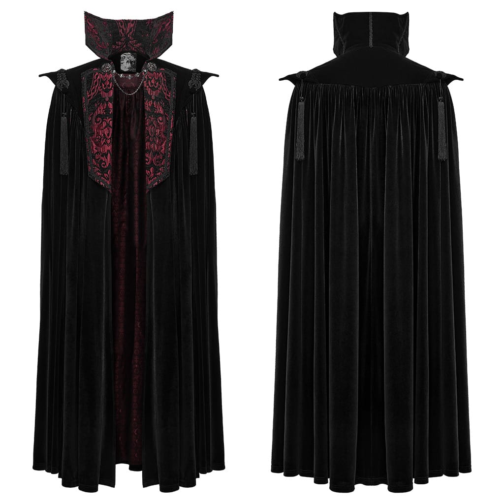 PUNK RAVE Men's Gothic Velvet Chain Stand Collar Long Cloak Black-Red