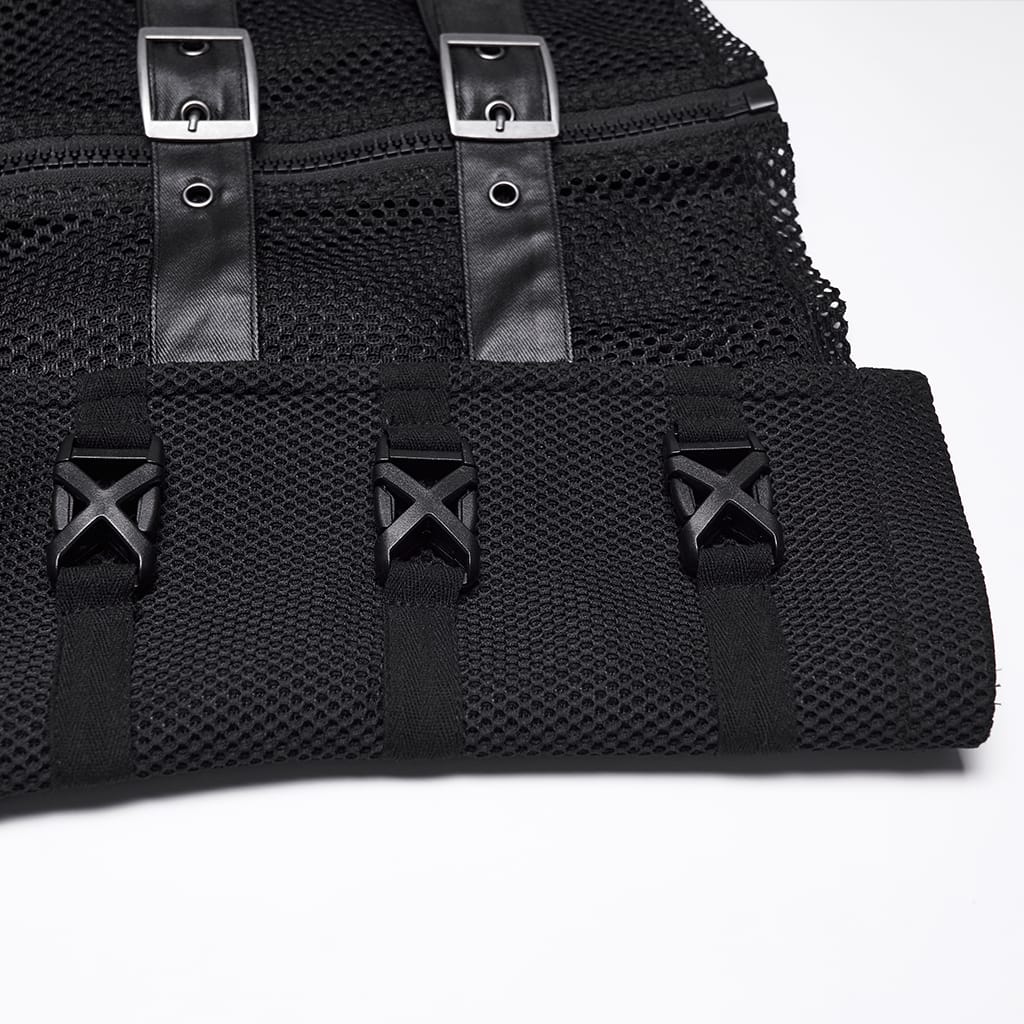 PUNK RAVE Men's Punk Asymmetric Buckle Straps Mesh Splice Vest