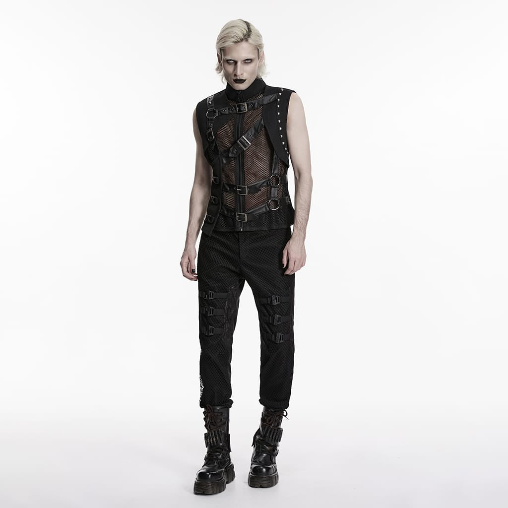 PUNK RAVE Men's Punk Asymmetric Buckle Straps Mesh Splice Vest