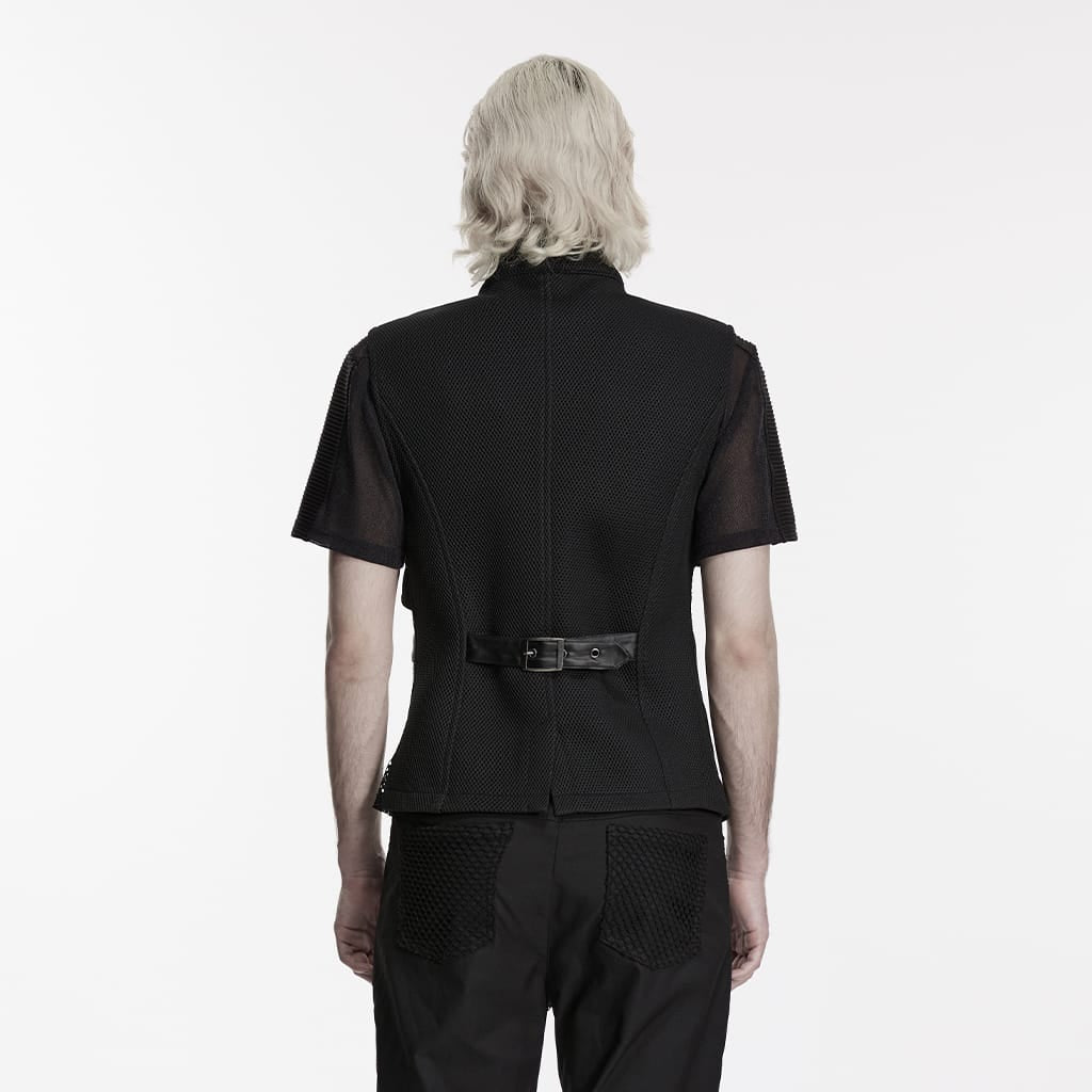 PUNK RAVE Men's Punk Asymmetric Buckle Straps Mesh Splice Vest