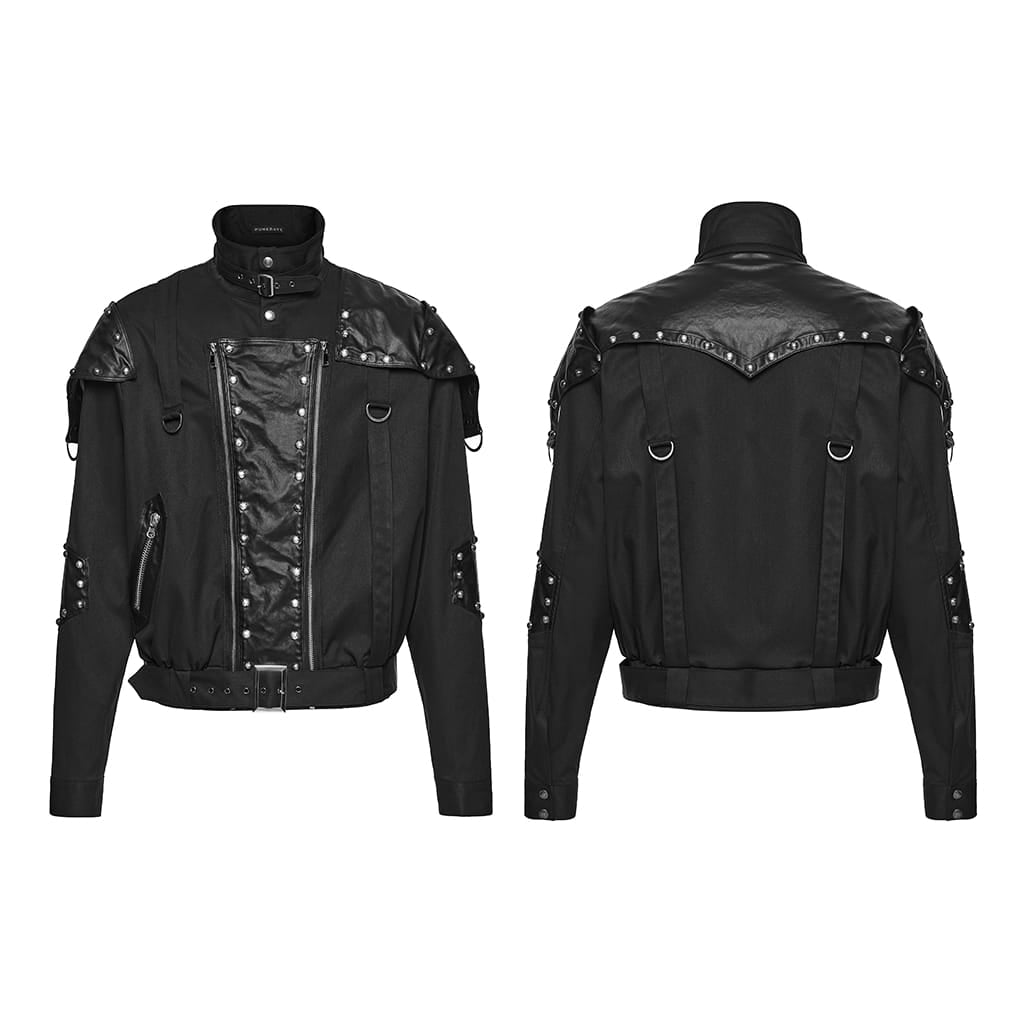 PUNK RAVE Men's Punk Asymmetric Patchwork Rivets Jacket