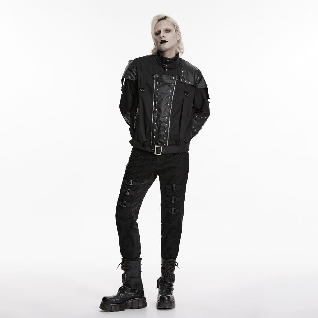 PUNK RAVE Men's Punk Asymmetric Patchwork Rivets Jacket