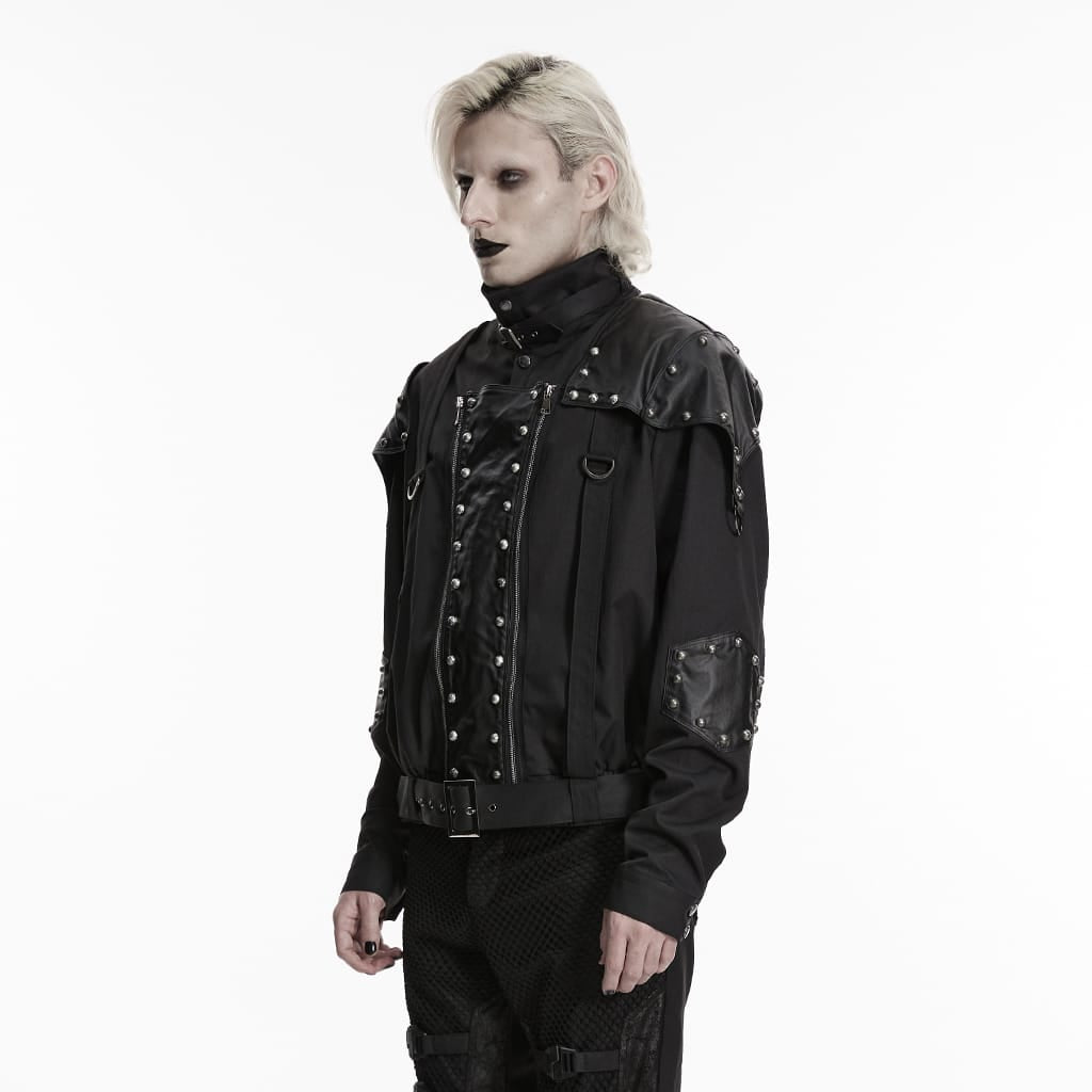 PUNK RAVE Men's Punk Asymmetric Patchwork Rivets Jacket