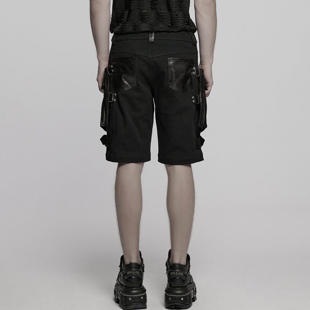 PUNK RAVE Men's Punk Big-pocket Faux Leather Splice Shorts