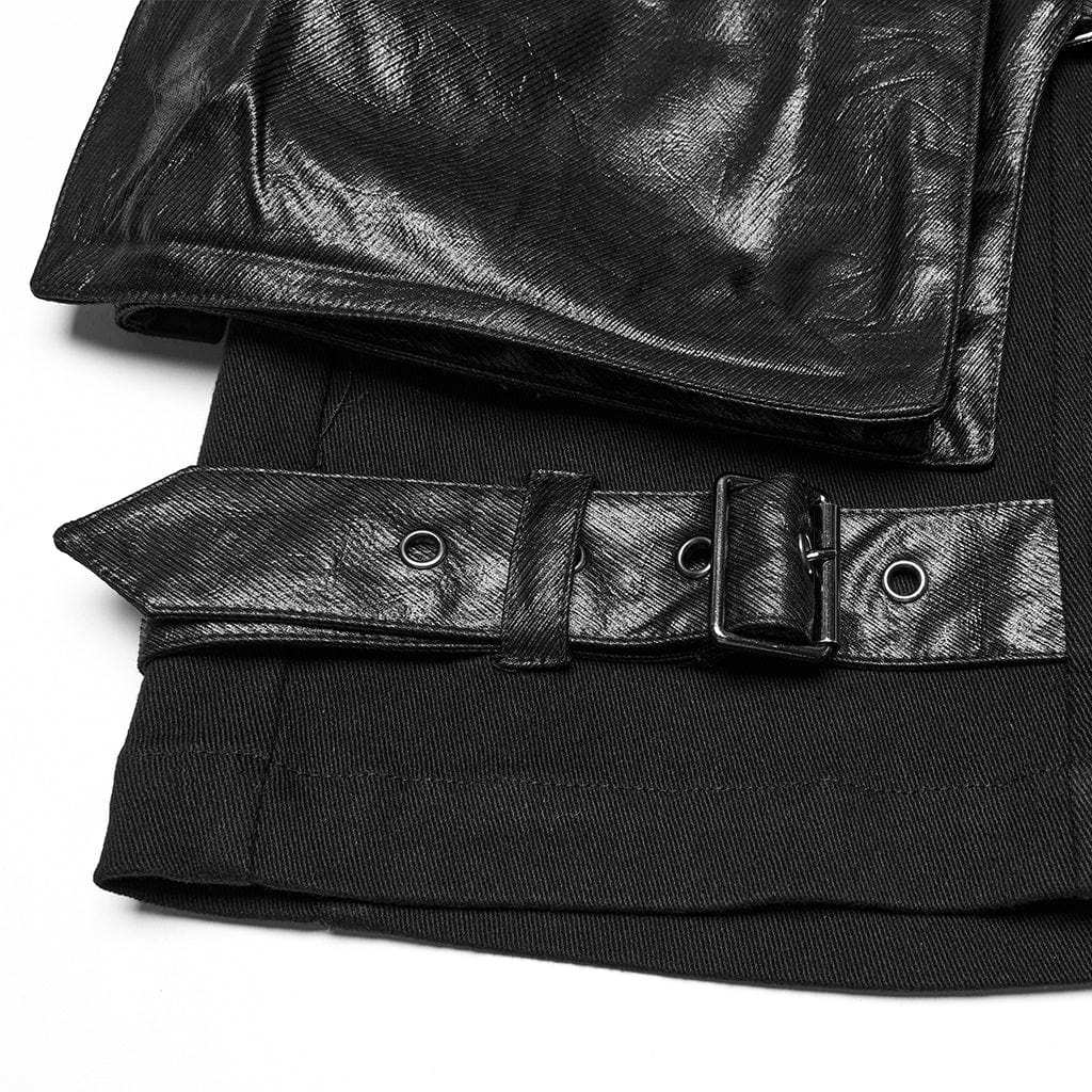 PUNK RAVE Men's Punk Big-pocket Faux Leather Splice Shorts