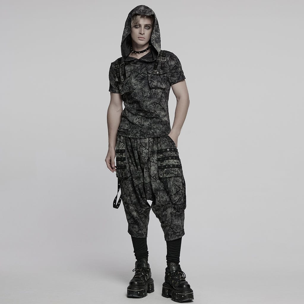 PUNK RAVE Men's Punk Big-pocket Tie-dyed Hooded T-shirt