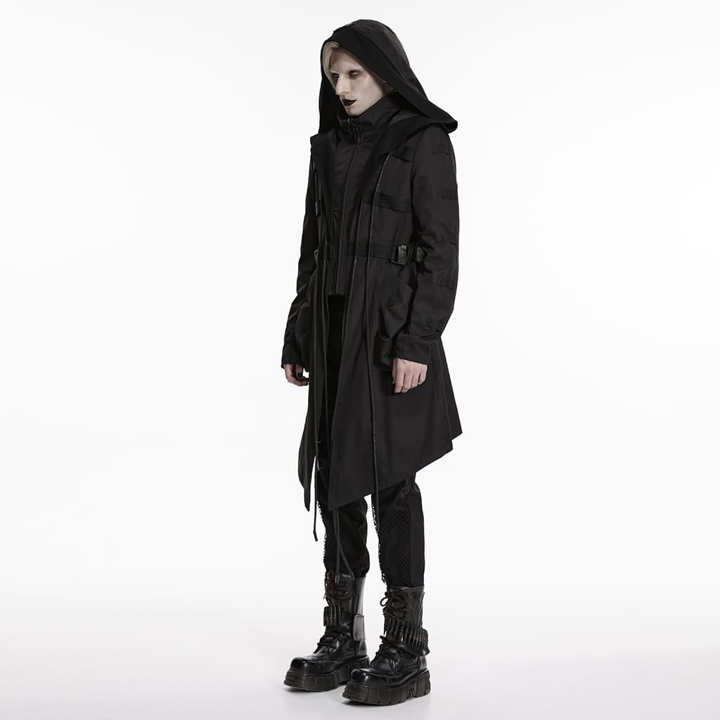 PUNK RAVE Men's Punk Big Pockets Strappy Hooded Jacket
