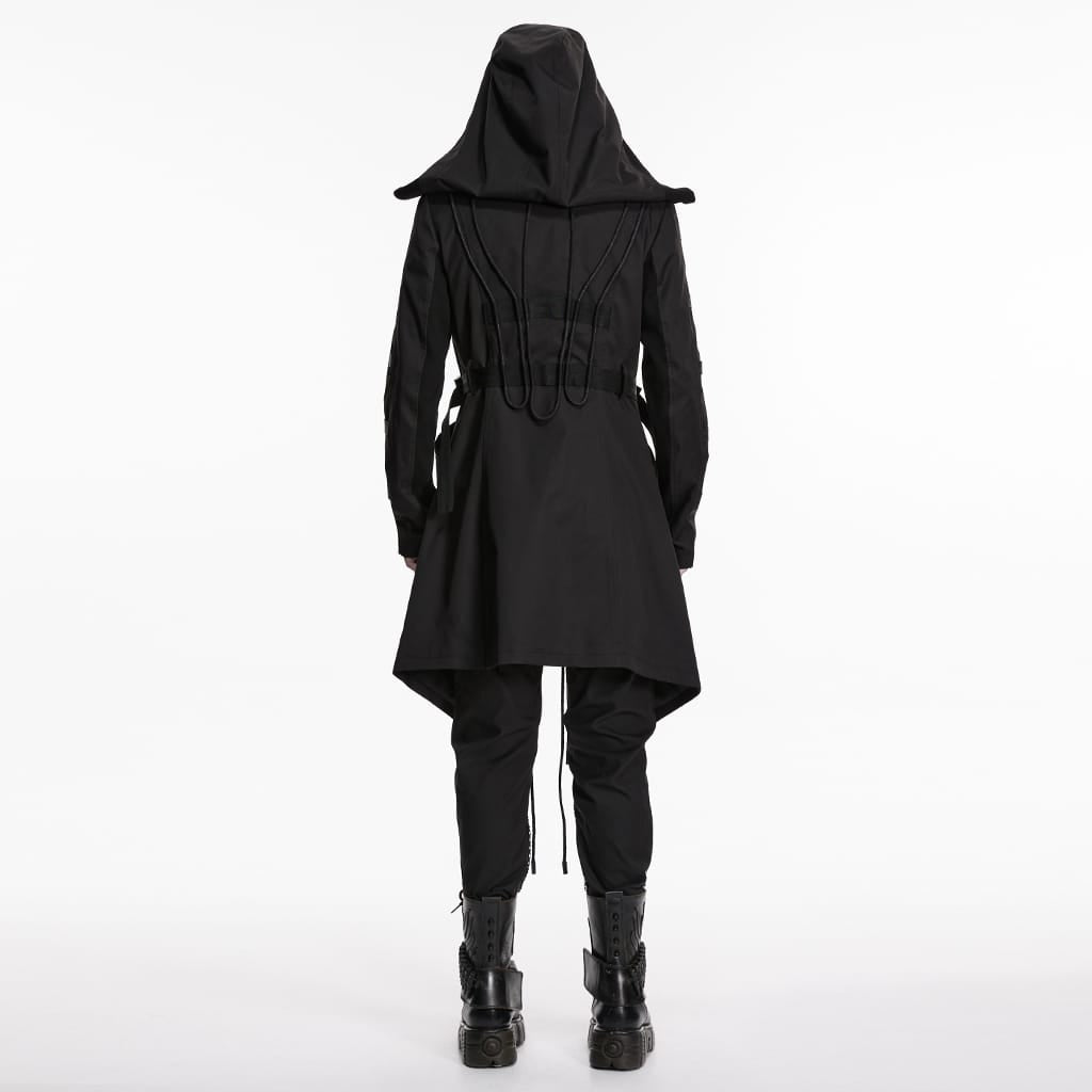 PUNK RAVE Men's Punk Big Pockets Strappy Hooded Jacket