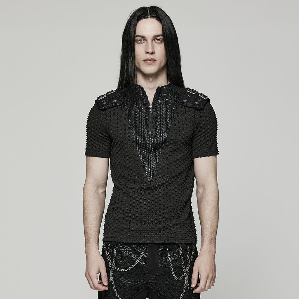 PUNK RAVE Men's Punk Bubble Buckle Zipper T-shirt