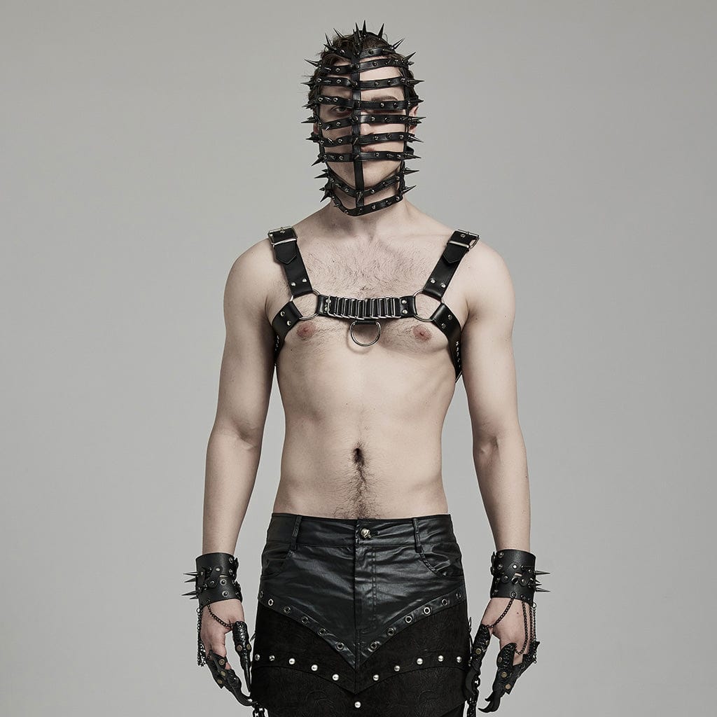 PUNK RAVE Men's Punk Buckle Pleated Faux Leather Harness