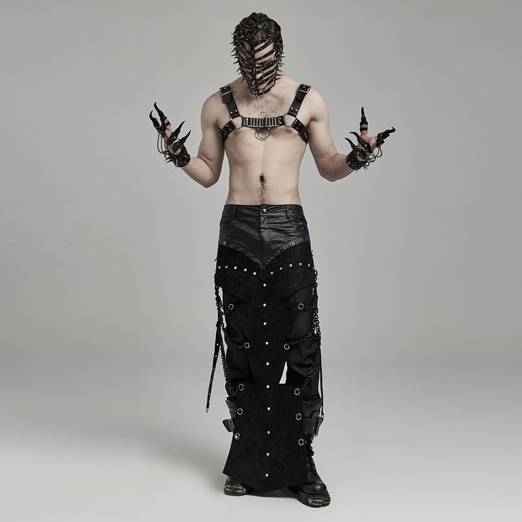 PUNK RAVE Men's Punk Buckle Pleated Faux Leather Harness