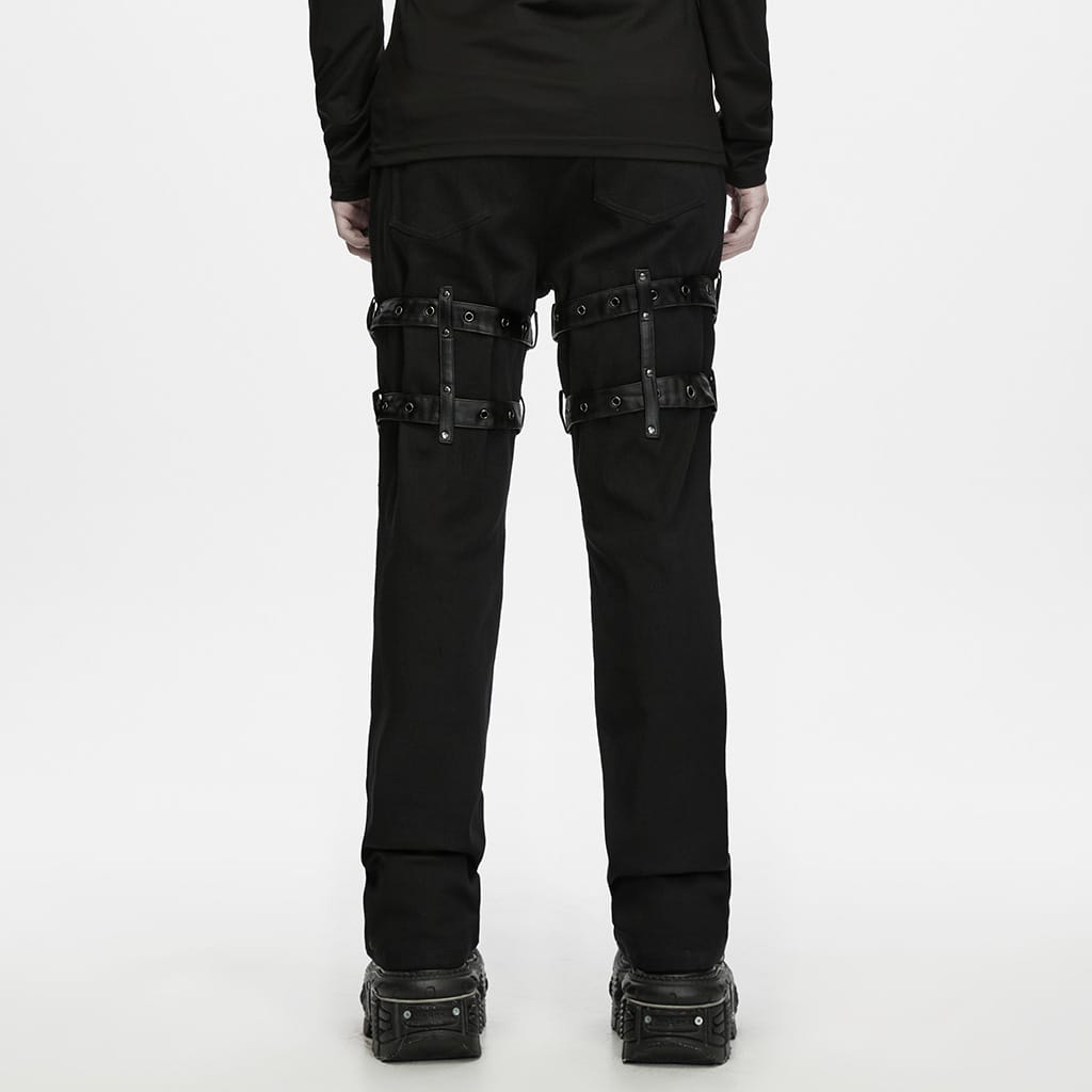 PUNK RAVE Men's Punk Buckle Strap Cross Patchwork Pants