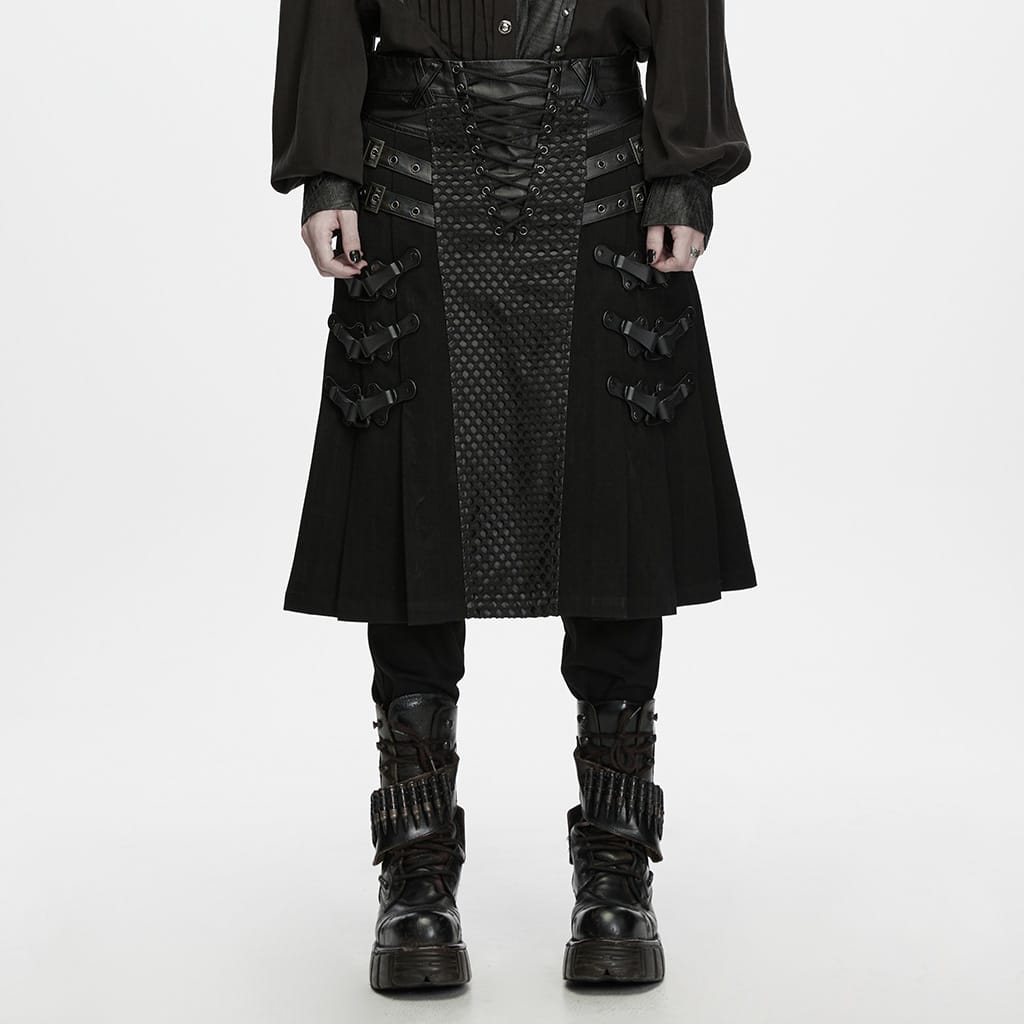 PUNK RAVE Men's Punk Buckle Strap Pleated Patchwork Skirt