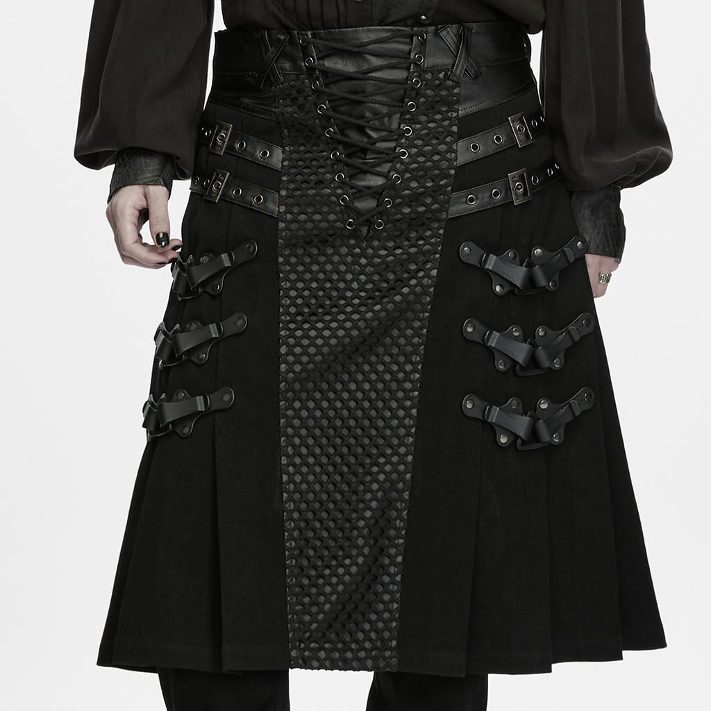 PUNK RAVE Men's Punk Buckle Strap Pleated Patchwork Skirt