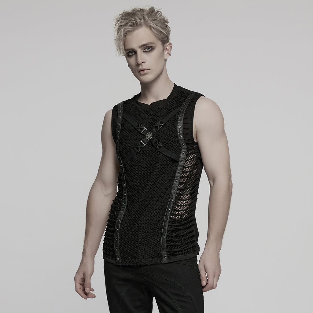 PUNK RAVE Men's Punk Buckle Strap Splice Mesh Vest